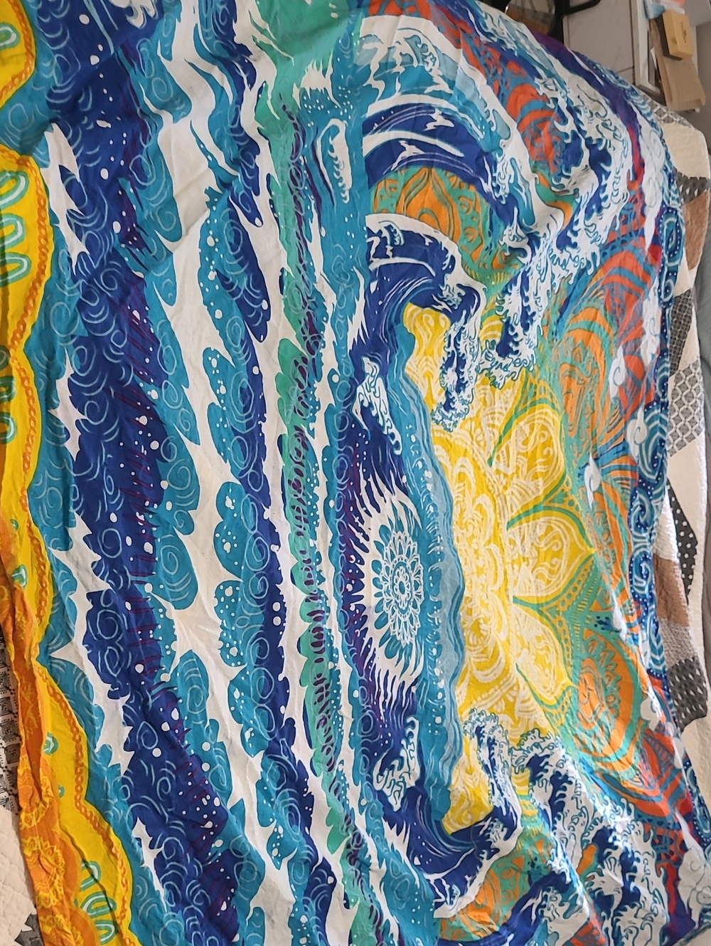 Vibrant Ocean Wave Mandala Tapestry - Blue Yellow Teal 100% Cotton 80× 60 Inches